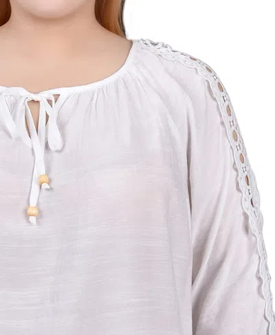Ny Collection Plus Size 3/4 Sleeve Crochet Detail Top In White