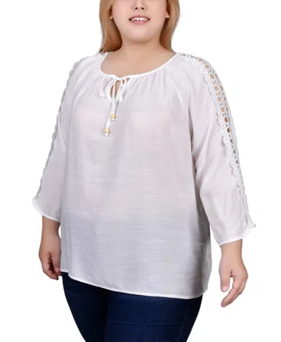 Ny Collection Plus Size 3/4 Sleeve Crochet Detail Top In White