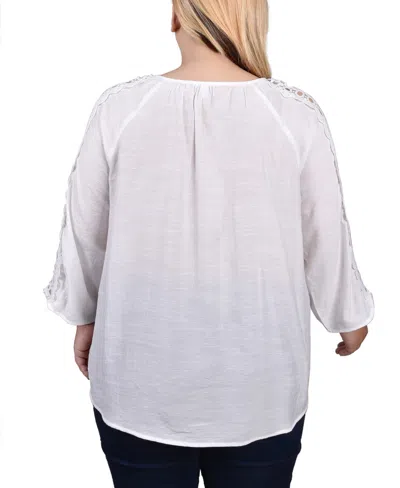 Ny Collection Plus Size 3/4 Sleeve Crochet Detail Top In White