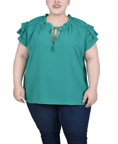 Ny Collection Plus Size Short Sleeve Ruffled Top In Green