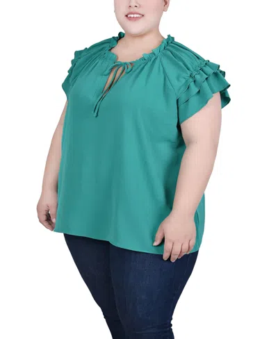 Ny Collection Plus Size Short Sleeve Ruffled Top In Green