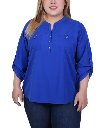 Ny Collection Plus Size 3/4 Tabbed Sleeve Y Neck Top In Blue