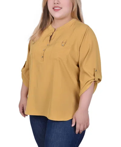 Ny Collection Plus Size 3/4 Tabbed Sleeve Y Neck Top In Blue