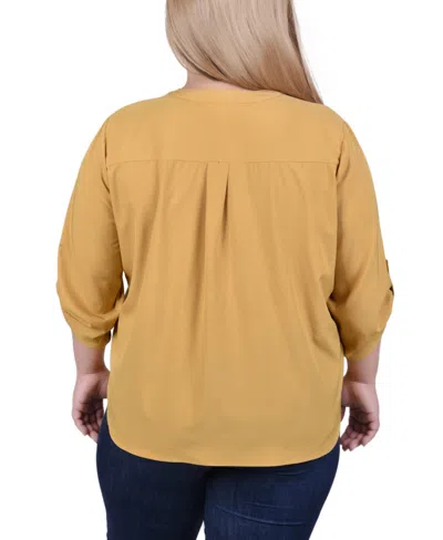 Ny Collection Plus Size 3/4 Tabbed Sleeve Y Neck Top In Blue