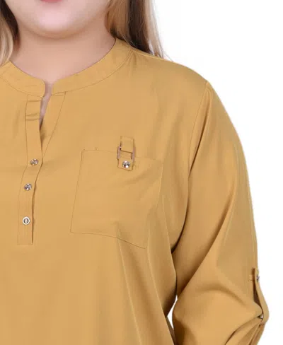 Ny Collection Plus Size 3/4 Tabbed Sleeve Y Neck Top In Blue