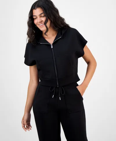 And Now This Petite Hooded Short-sleeve Zip-up Top, Macy's Exclusive In Black