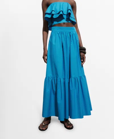 Mango Long Cotton A-line Skirt Blue In Blue