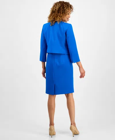 Le Suit Women's Open-front Collarless Jacket And Sheath Dress Suit Set, Regular & Petite In Blue