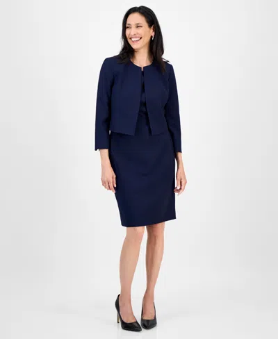 Le Suit Women's Open-front Collarless Jacket And Sheath Dress Suit Set, Regular & Petite In Blue