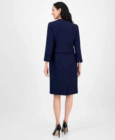 Le Suit Women's Open-front Collarless Jacket And Sheath Dress Suit Set, Regular & Petite In Blue