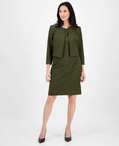 Le Suit Women's Open-front Collarless Jacket And Sheath Dress Suit Set, Regular & Petite In Green