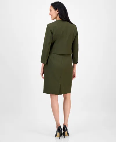 Le Suit Women's Open-front Collarless Jacket And Sheath Dress Suit Set, Regular & Petite In Green