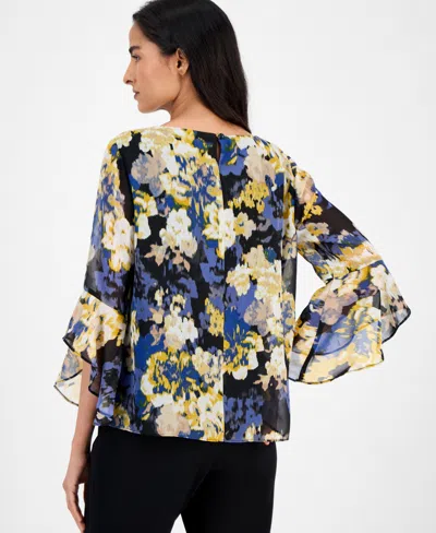 Kasper Abstract Floral-print Bell-sleeve Blouse, Regular & Petite In Blue