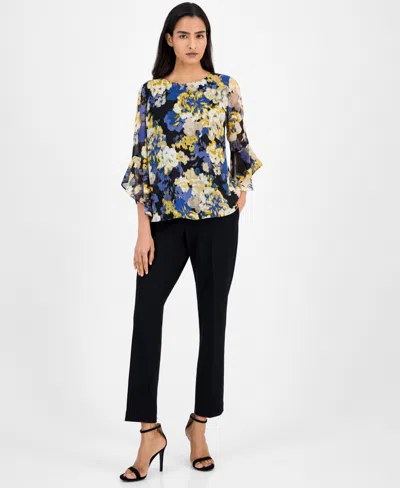 Kasper Abstract Floral-print Bell-sleeve Blouse, Regular & Petite In Blue