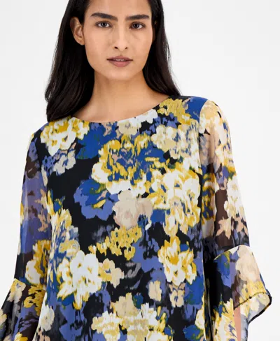 Kasper Abstract Floral-print Bell-sleeve Blouse, Regular & Petite In Blue