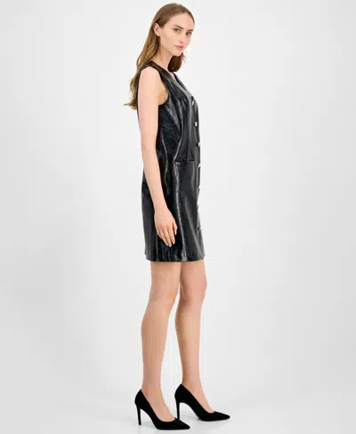 Anne Klein Sleeveless Button Down Short Dress Leather Vinyl 0p 16 In Black