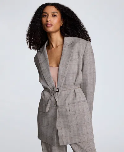 Kenneth Cole Plaid One Button Belted Jacket In Multi