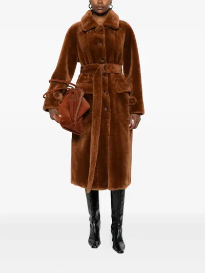 Urbancode Belted Button-front Coat In Brown