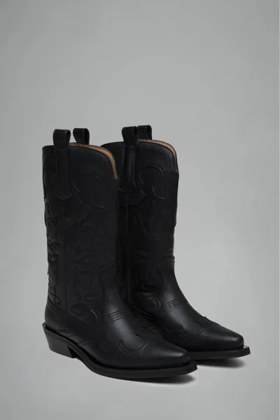 Ganni Embossed Design Mid-calf Stacked Heel Boots In Black