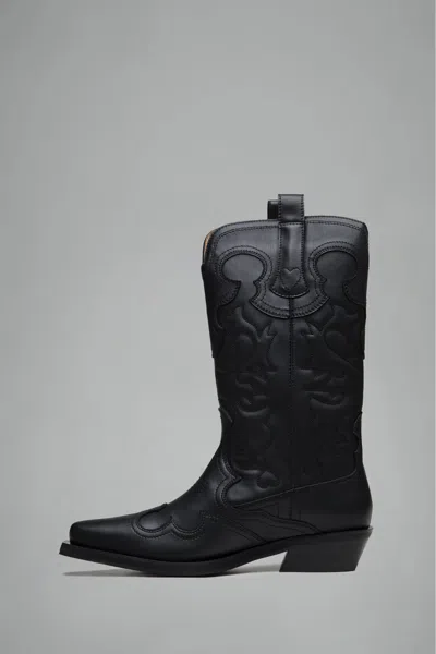 Ganni Embossed Design Mid-calf Stacked Heel Boots In Black