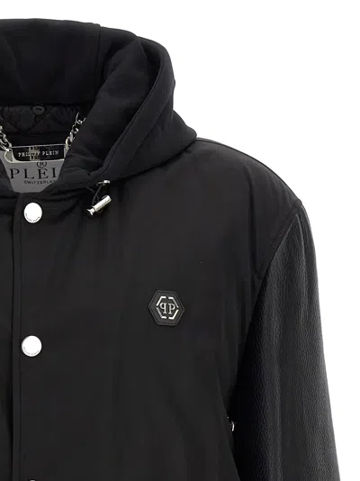 Philipp Plein Bomber Jacket Leather Sleeves In Black