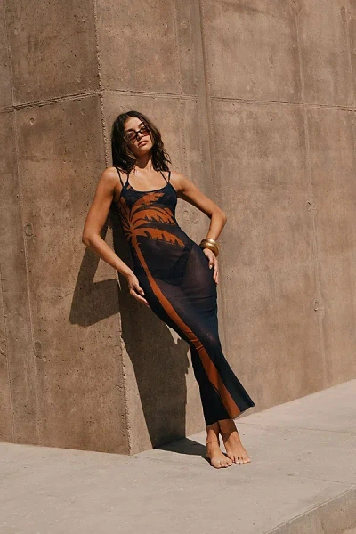 Weworewhat Mesh Palm Print Maxi Slip Dress In Black