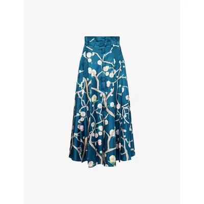 Gabriela Hearst Dugald Pleated Midi Skirt In Blue Multi Printed Silk Twill In Blue