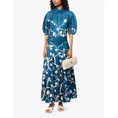 Gabriela Hearst Dugald Pleated Midi Skirt In Blue Multi Printed Silk Twill In Blue