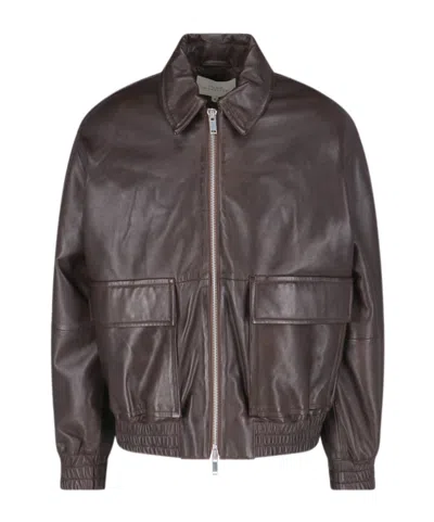 Studio Nicholson Collared Leather Bomber Jacket Featuring Pockets In Brown