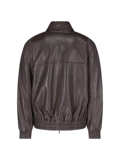 Studio Nicholson Collared Leather Bomber Jacket Featuring Pockets In Brown