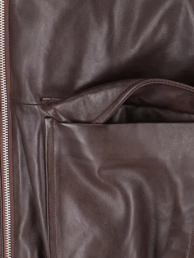 Studio Nicholson Collared Leather Bomber Jacket Featuring Pockets In Brown