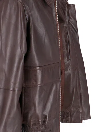 Studio Nicholson Collared Leather Bomber Jacket Featuring Pockets In Brown