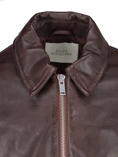 Studio Nicholson Collared Leather Bomber Jacket Featuring Pockets In Brown