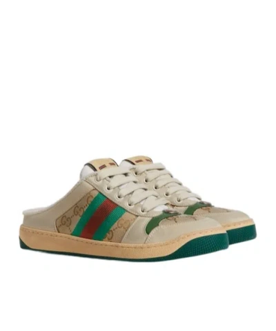 Gucci Canvas And Leather Sneakers With Vintage Web In Neutral