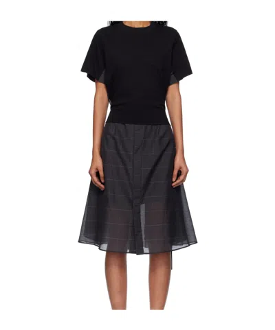 Sacai Womens Black Grey Glen Check-panelled Cotton-jersey Midi Dress In Black