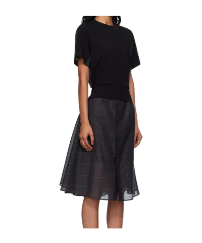 Sacai Womens Black Grey Glen Check-panelled Cotton-jersey Midi Dress In Black