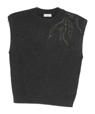 Brunello Cucinelli Cashmere Sleeveless Tank Top Ribbed Texture In Black