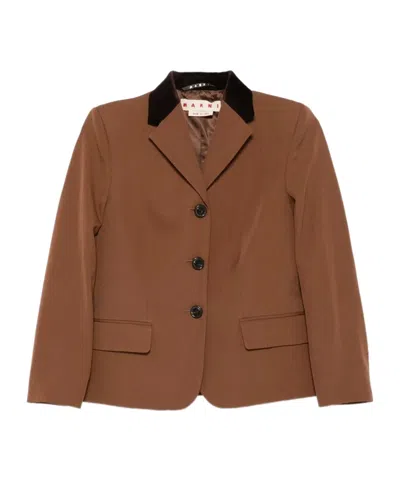 Marni Velvet-trimmed Embroidered Grain De Poudre Wool Blazer In Brown