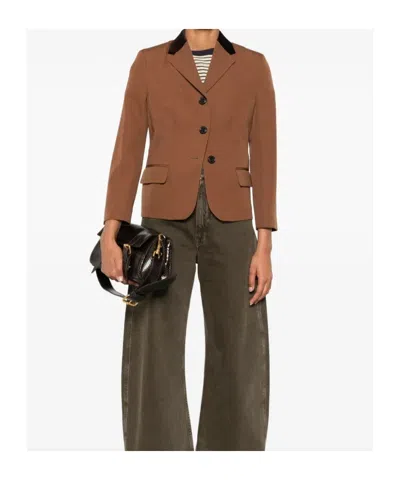 Marni Velvet-trimmed Embroidered Grain De Poudre Wool Blazer In Brown