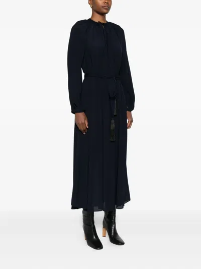 Forte Forte Long Dress With A-line Skirt And Tie Neck In Blue