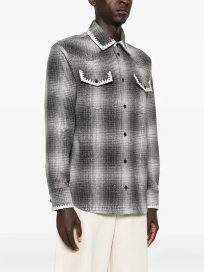 Golden Goose Wool Blend Long Sleeve Checked Shirt In Gray