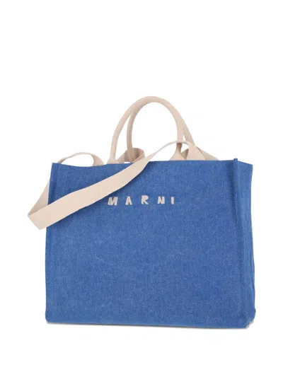 Marni Shopper Bag With Shoulder Strap And Top Handles In Blue