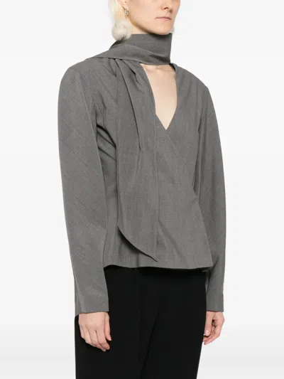 Jacquemus Long Sleeve Shirt With Shawl And Tie Detail In Gray