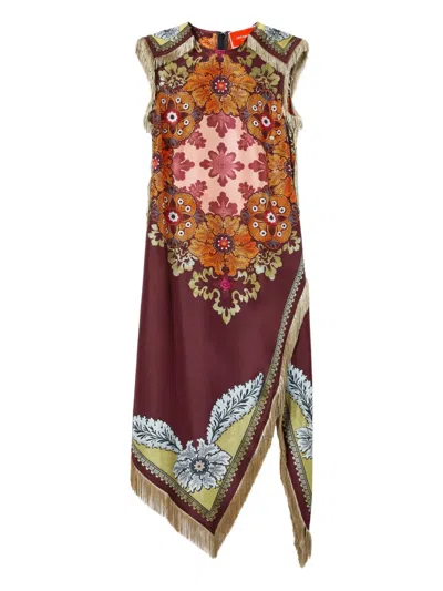 La Doublej Valkyrie Asymmetric Fringed Printed Silk Dress In Multi