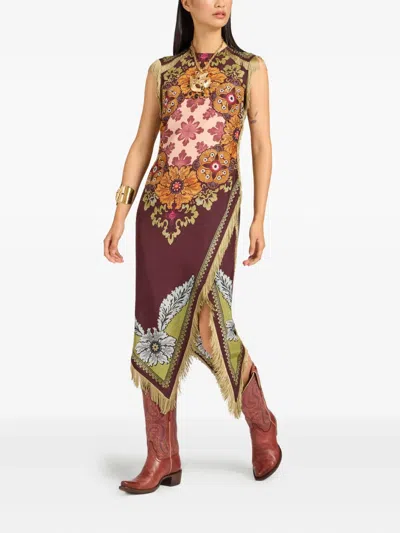 La Doublej Valkyrie Asymmetric Fringed Printed Silk Dress In Multi