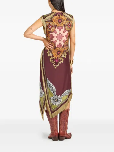 La Doublej Valkyrie Asymmetric Fringed Printed Silk Dress In Multi