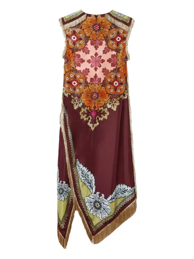 La Doublej Valkyrie Asymmetric Fringed Printed Silk Dress In Multi