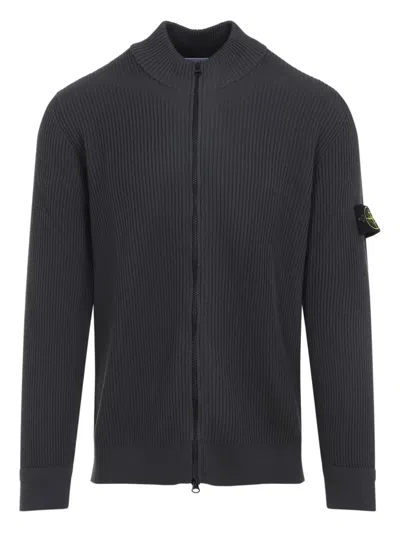 Stone Island Ribbed Zip-up Sweater With High Collar In Gray