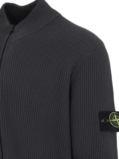 Stone Island Ribbed Zip-up Sweater With High Collar In Gray