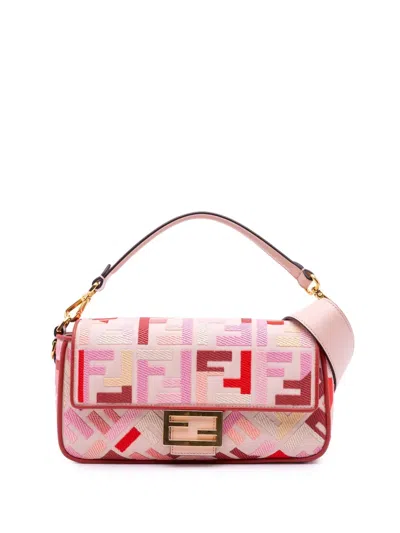 Pre-owned Fendi 2010-2025 Zucca Embroidered Canvas Baguette Satchel In Pink